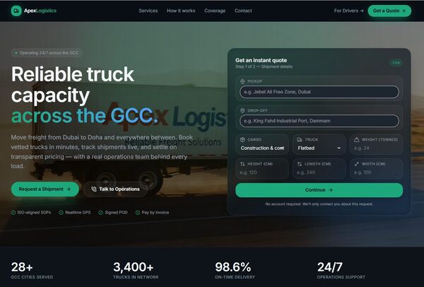 Apex Logistics GCC freight platform with shipment quotes and logistics workflows
