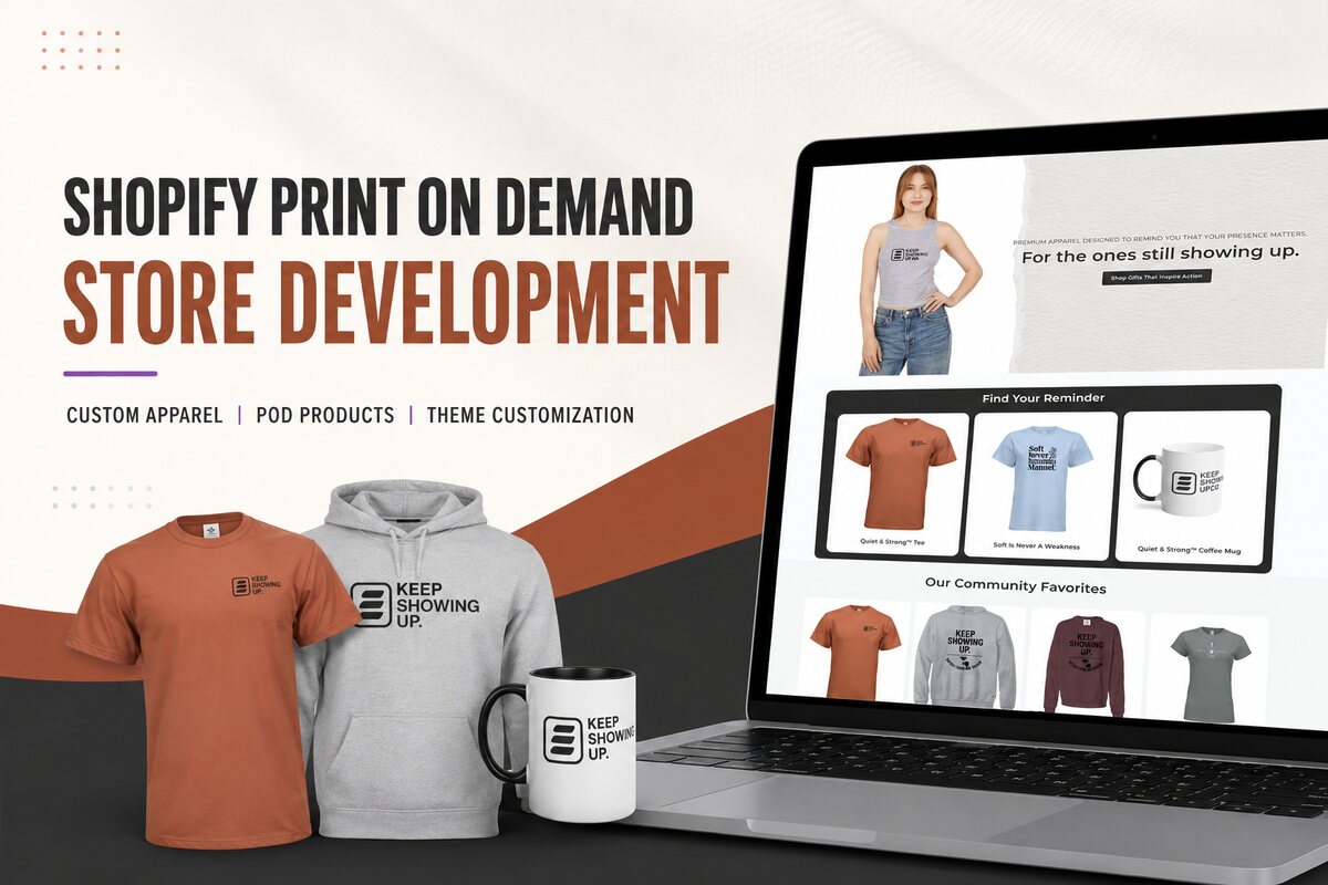 Keep Showing Up Shopify print-on-demand apparel store with custom products and theme development