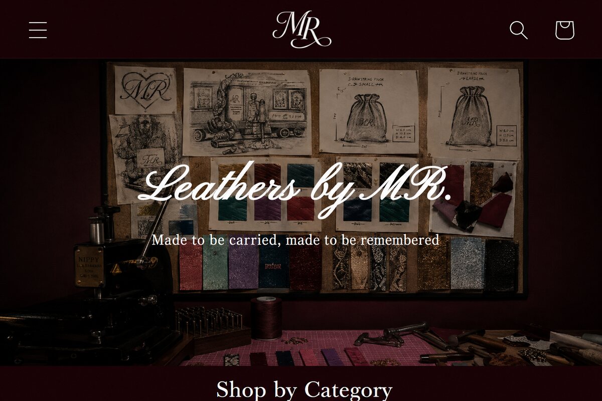 Leathers by MR luxury leather goods Shopify store with a custom mobile-first theme and category navigation