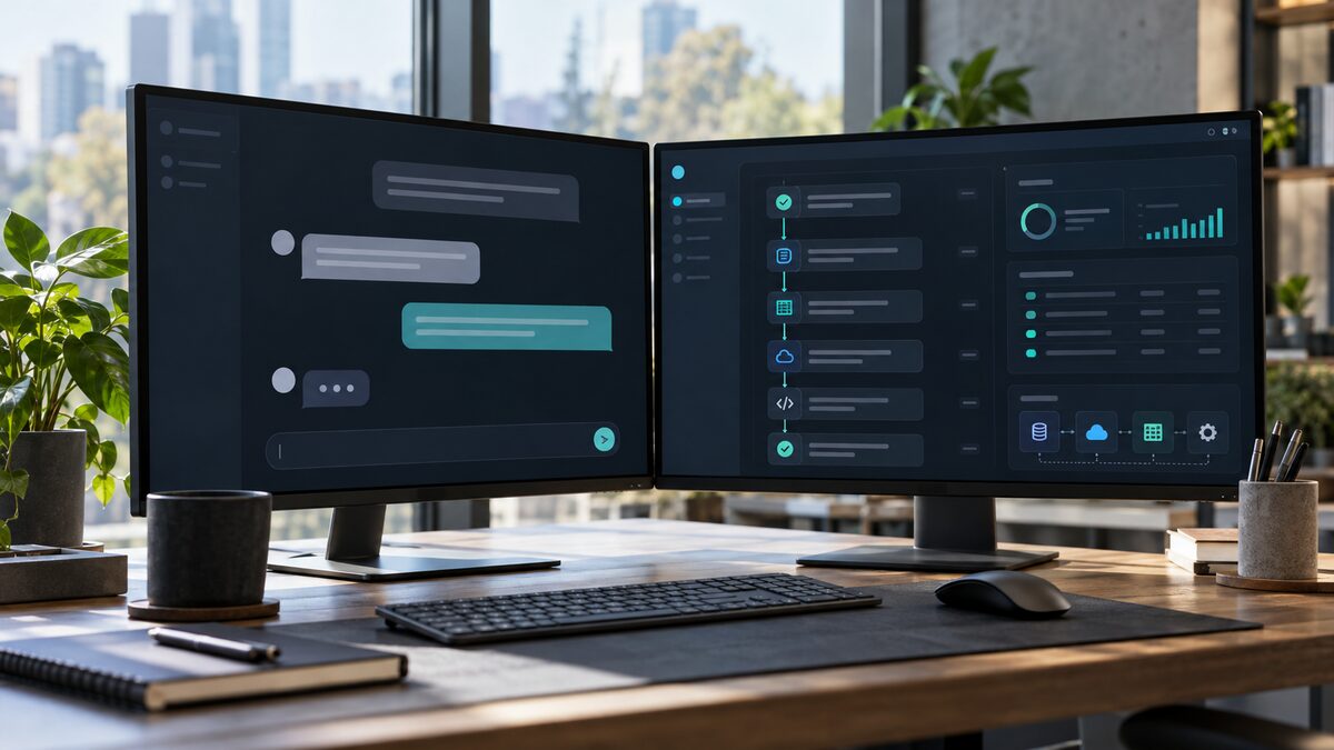 Two office monitors comparing a simple AI chatbot interface with a multi-step AI agent workflow