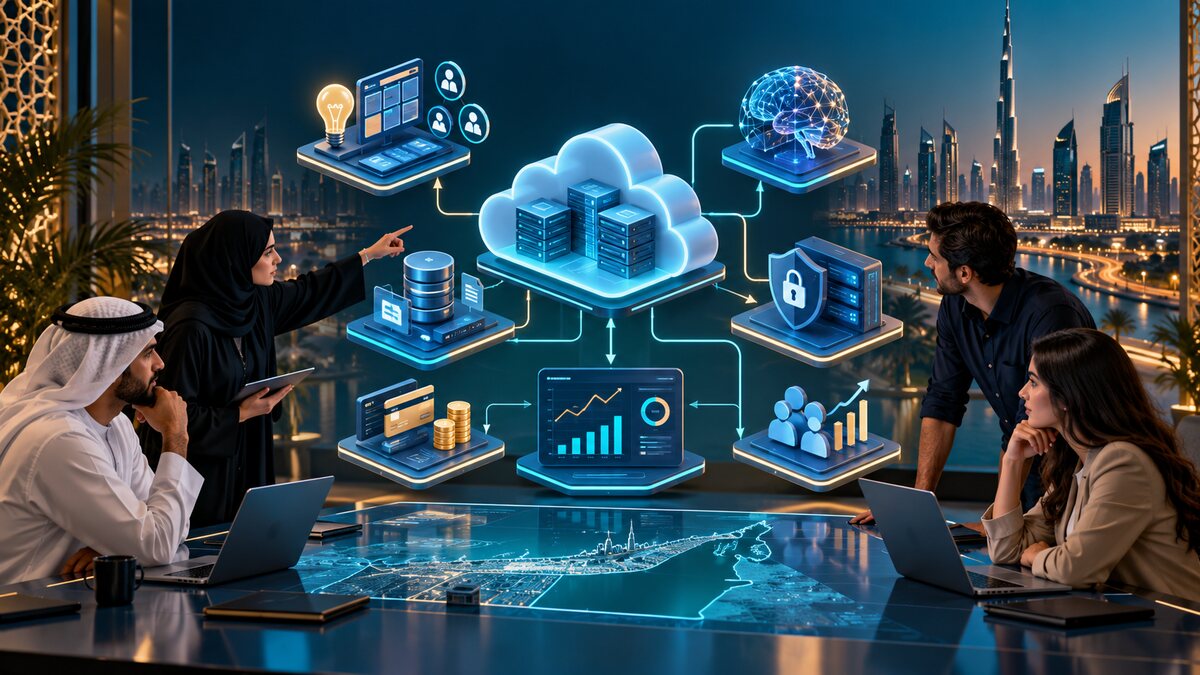 UAE startup team planning a secure AI SaaS architecture with cloud, data, payments and monitoring