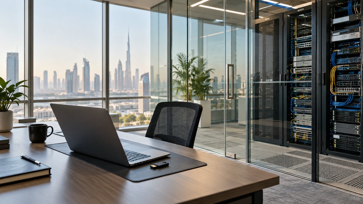 Empty UAE technology office with a laptop, security key and enterprise server racks