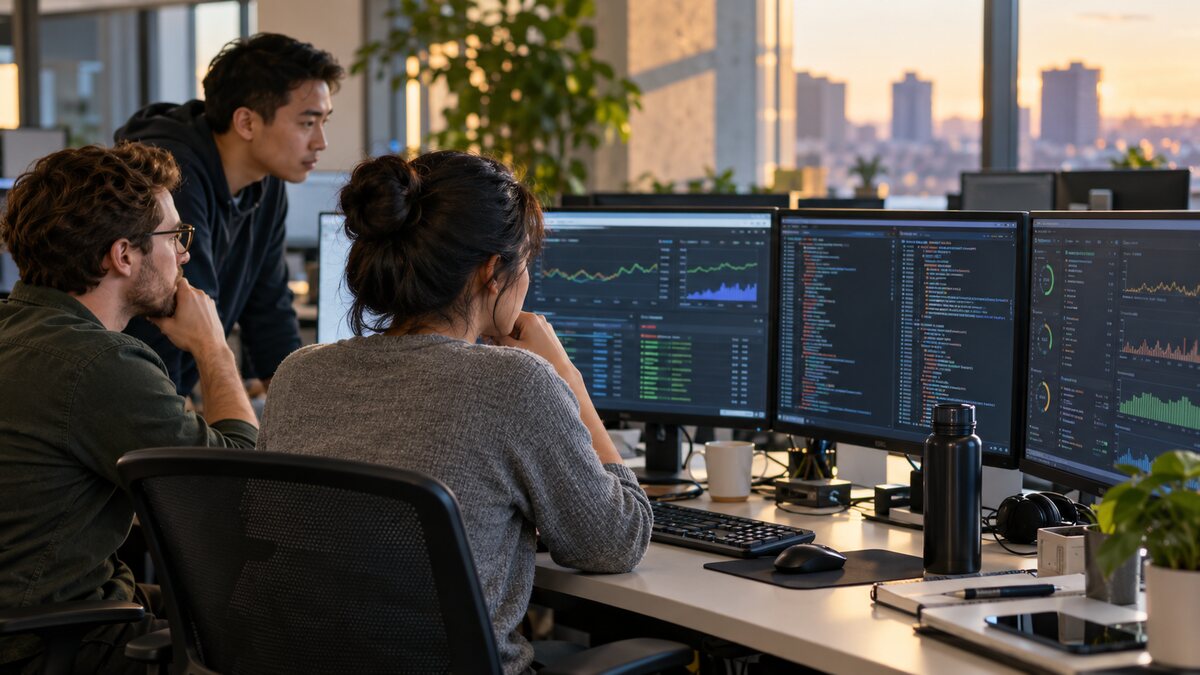 Engineering team monitoring Node.js background jobs, webhook queues and service health during deployment