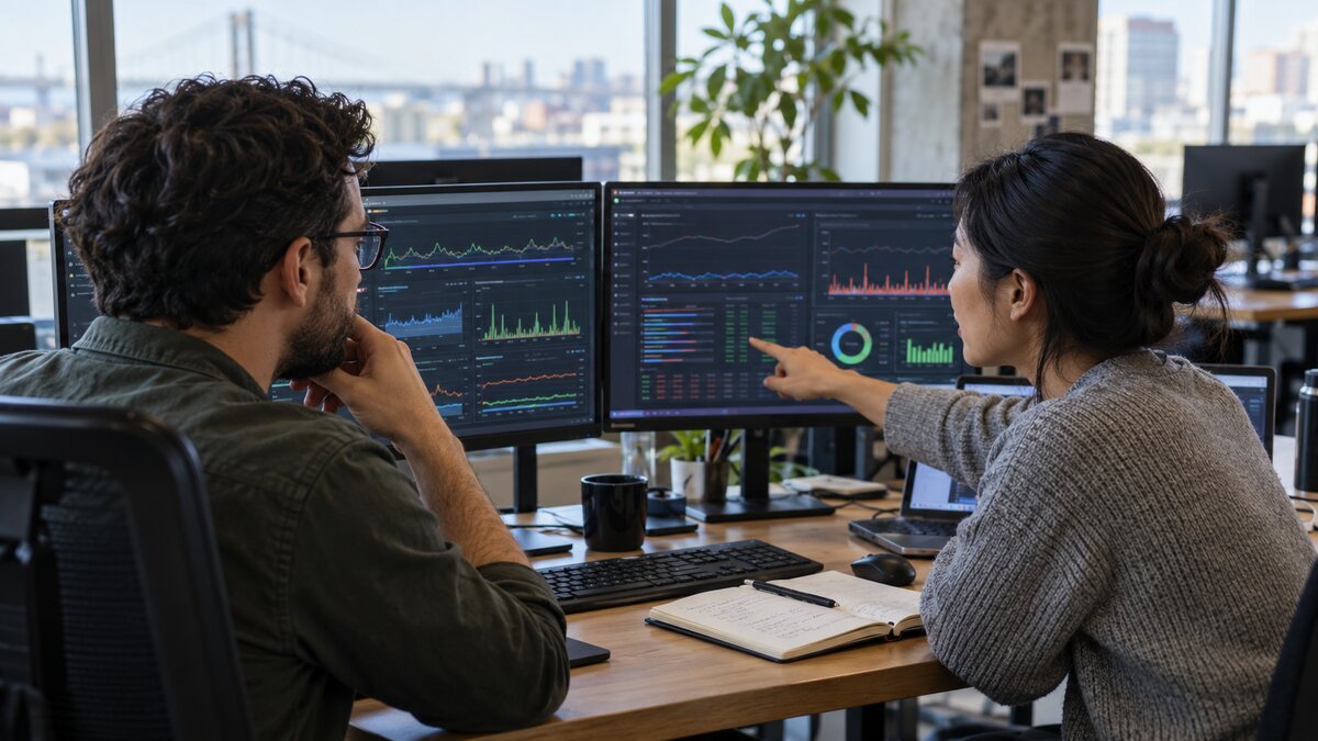 Site reliability engineer and backend developer reviewing Node.js API latency and load-test metrics