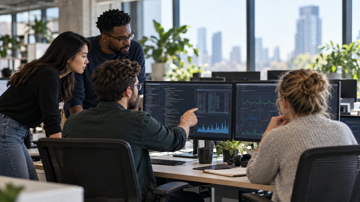 Software engineering team reviewing Node.js API code and SaaS performance metrics in a modern office