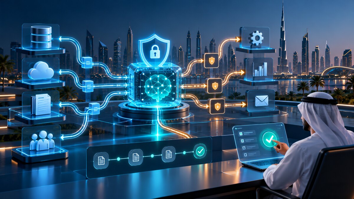 Secure agentic AI workflow connecting protected UAE business systems with human approval