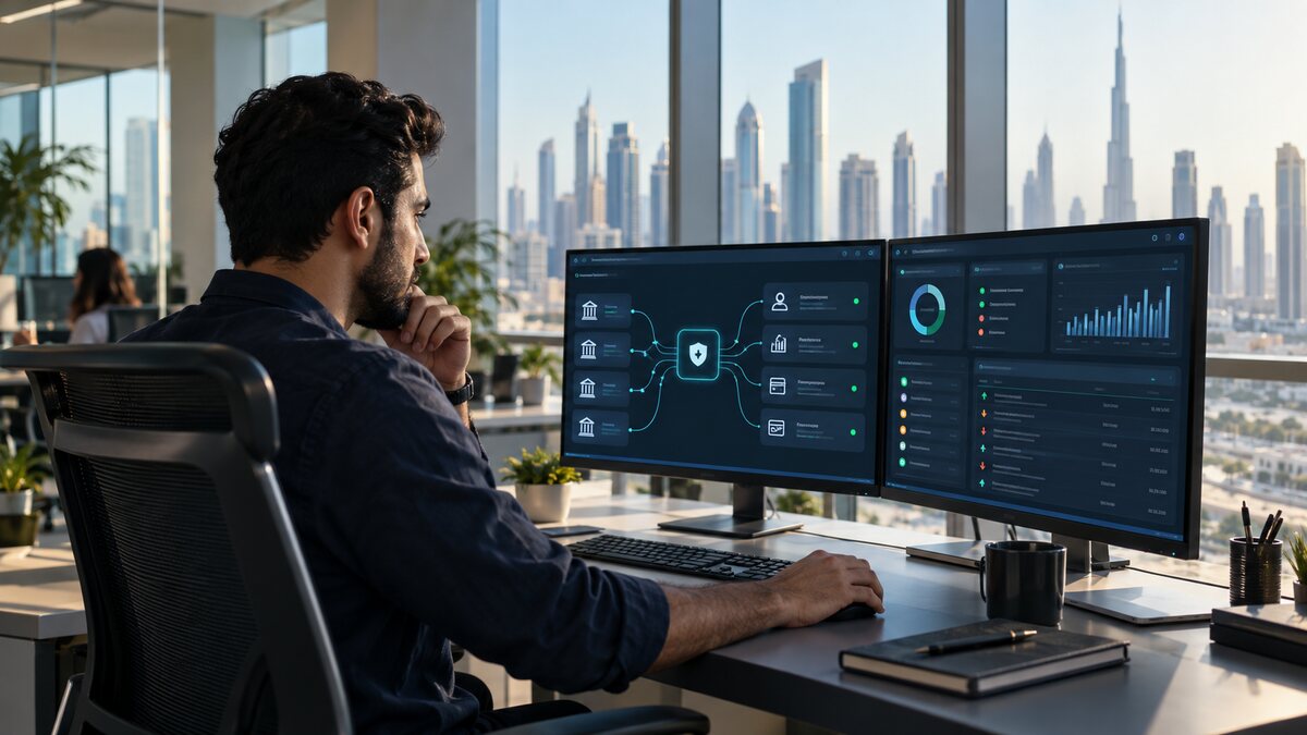 Fintech engineer in Dubai reviewing a secure UAE Open Finance API integration with consent, bank data and payment flows