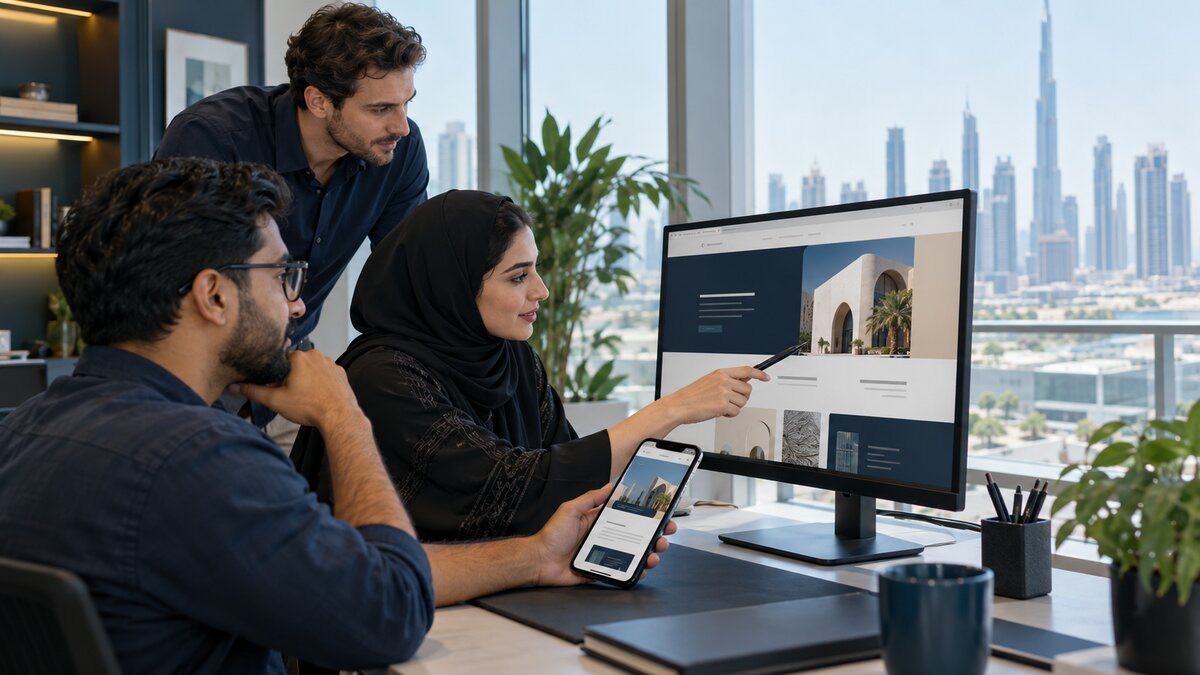 Dubai web design team reviewing Arabic desktop and English mobile website experiences
