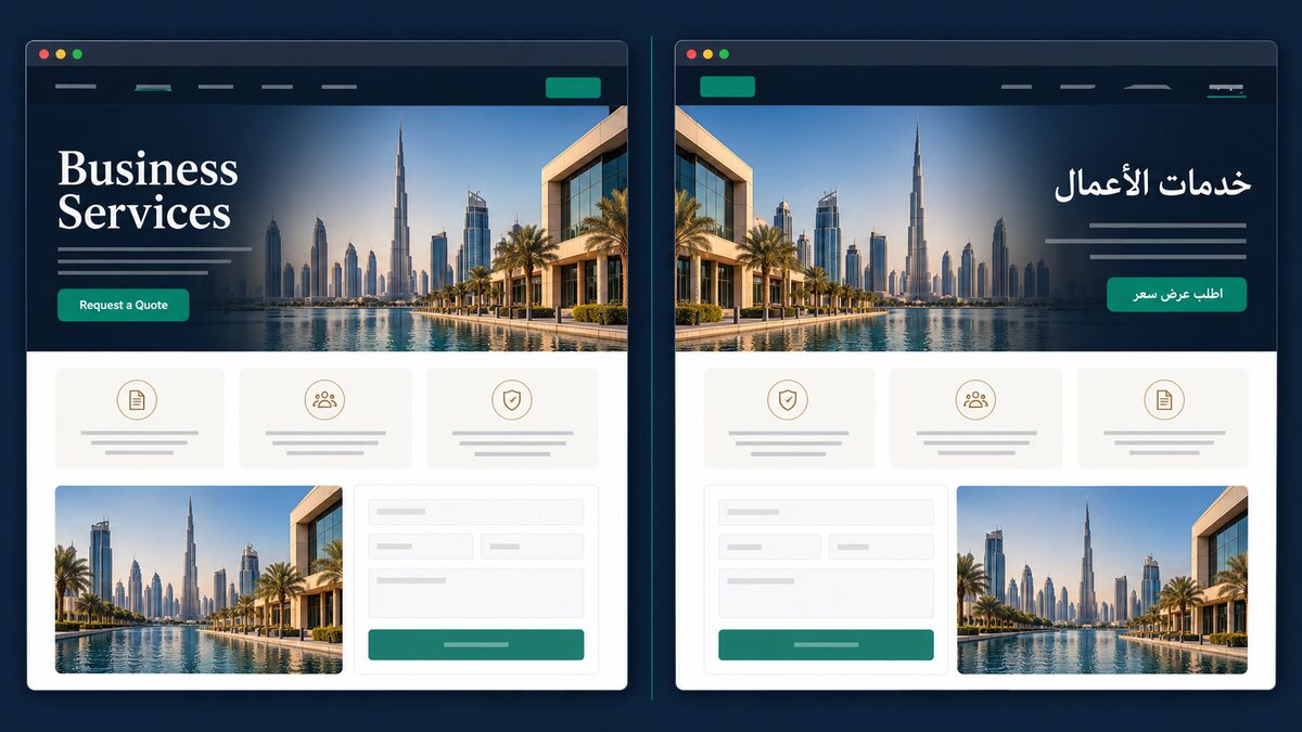 Side-by-side comparison of English left-to-right and Arabic right-to-left Dubai business website layouts