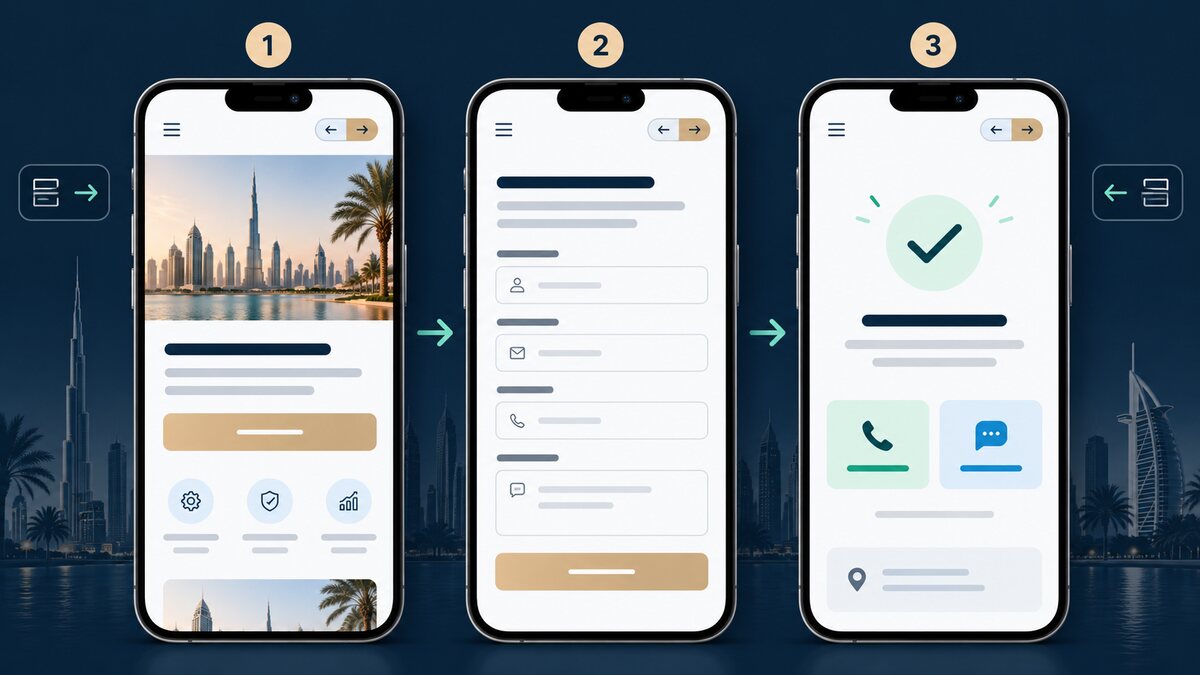 Three-step mobile website journey from a Dubai service page to an enquiry form and contact confirmation